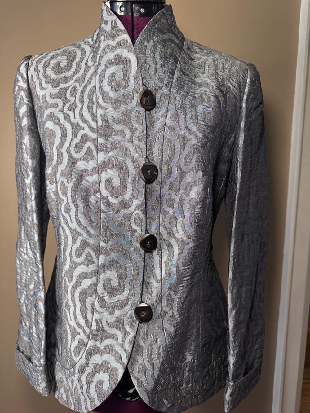 Armani Collezioni Grey & Blue Printed Blazer, Lined, Corporate Girl, Classic